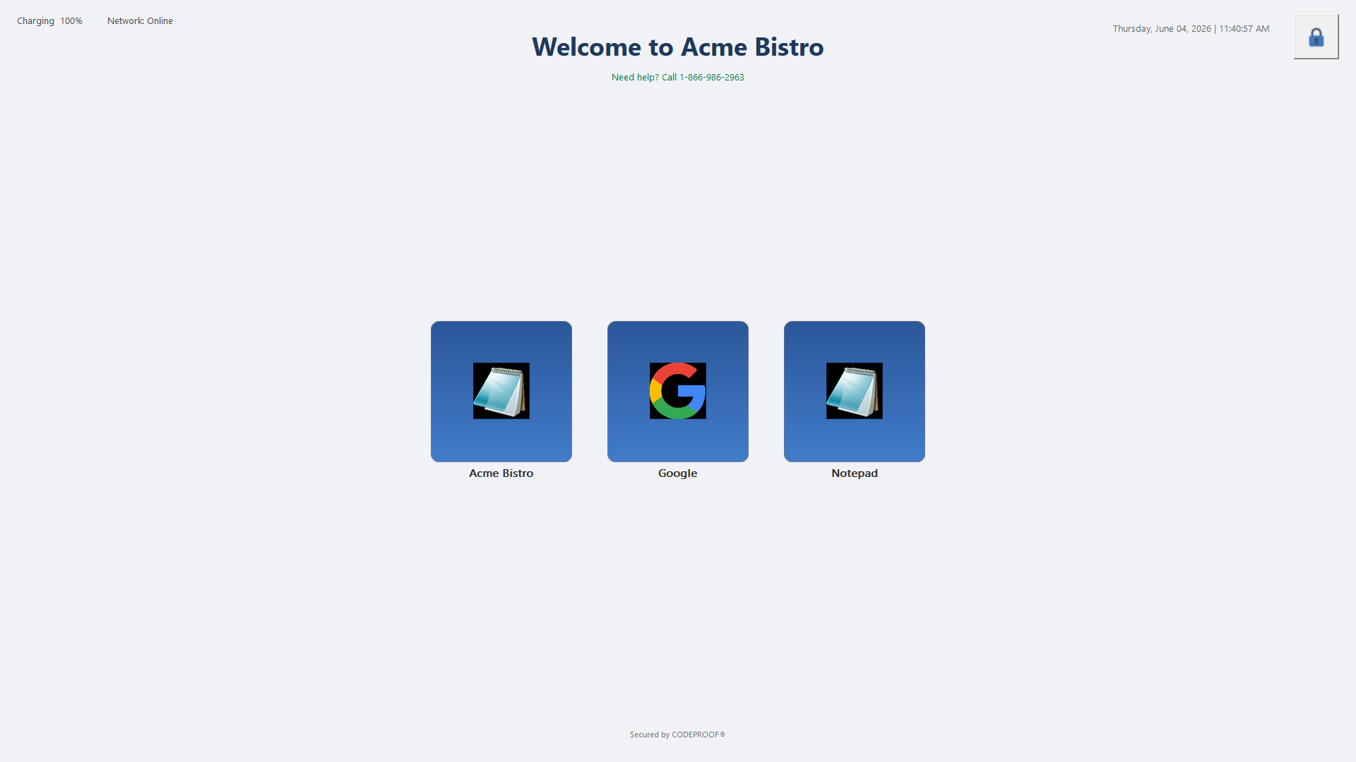 Codeproof Windows kiosk lockdown screen for a restaurant: 'Welcome to Acme Bistro' header, support phone number, three permitted apps (Acme Bistro, Google, Notepad), charging and network status indicators, screen-locked padlock badge, and 'Secured by Codeproof' branding
