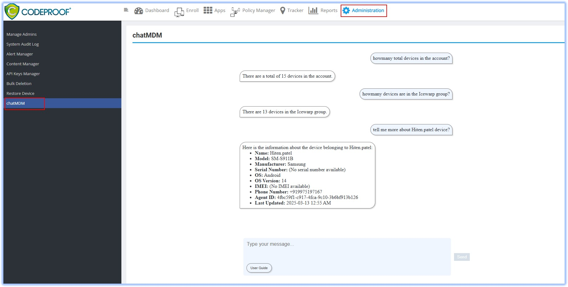 chatMDM conversational interface showing device management commands
